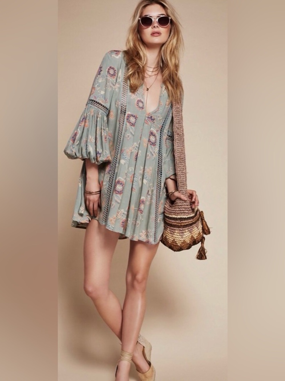 Free People Sage Floral Mini Dress with Puff Sleeves